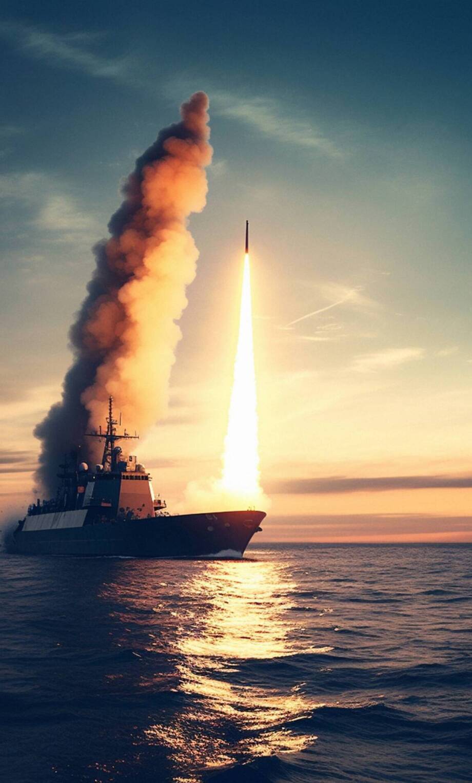 Ship or rocket missile launch in military or sea war. Ai generated army boat explosion on the ocean.