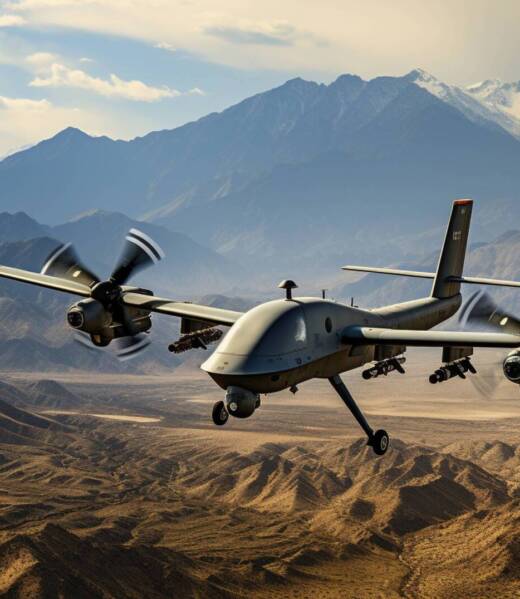 a combat drone during a mission in flight